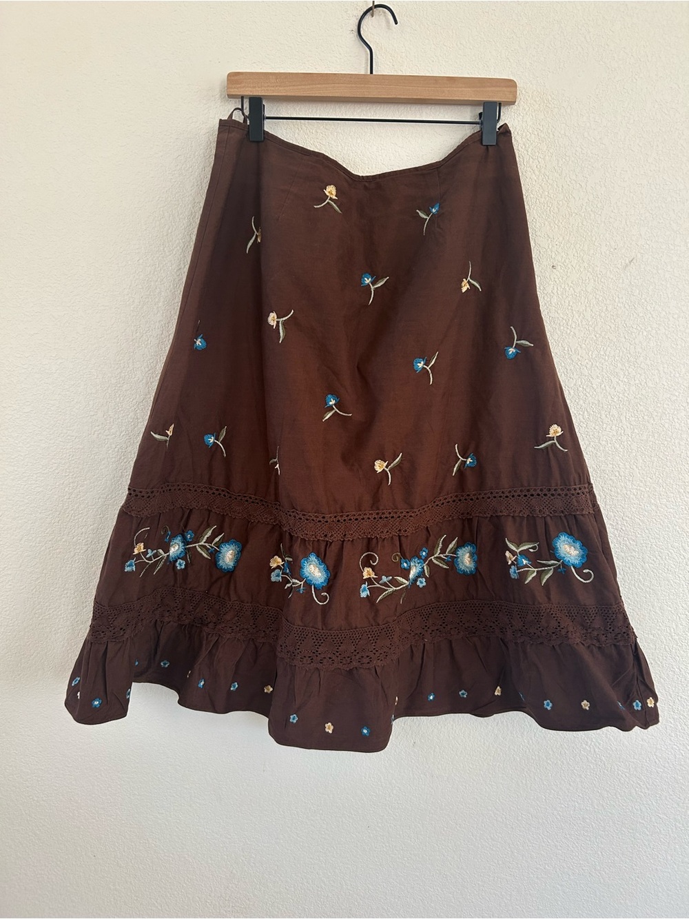 dressbarn Brown A-Line Embroidered Maxi Skirt with Blue Floral Accents